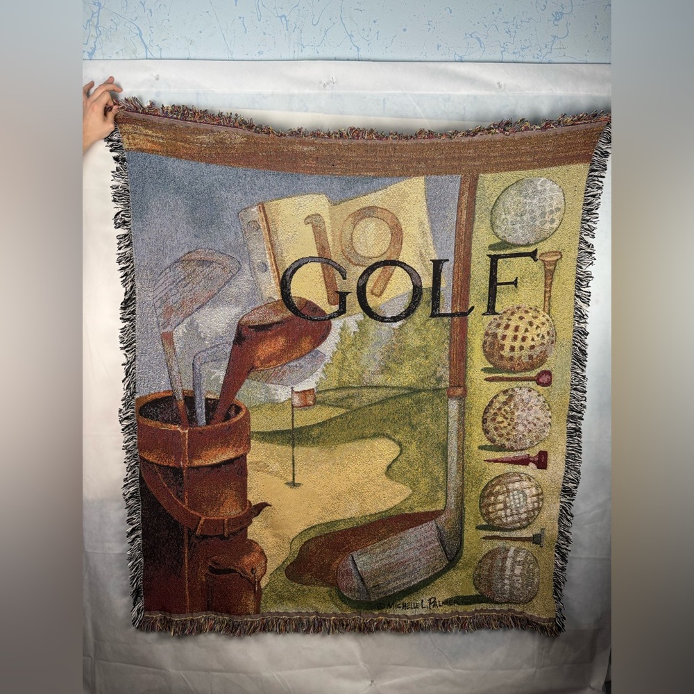 Michelle Palmer Golf Tweed Fringe Tapestry Blanket Vintage 55” X 50”